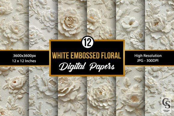 Download White Embossed Flowers Digital Paper - Digital paper Collection