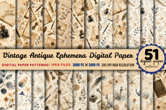 Download Vintage Antique Ephemera Digital Paper - Premium Bundle