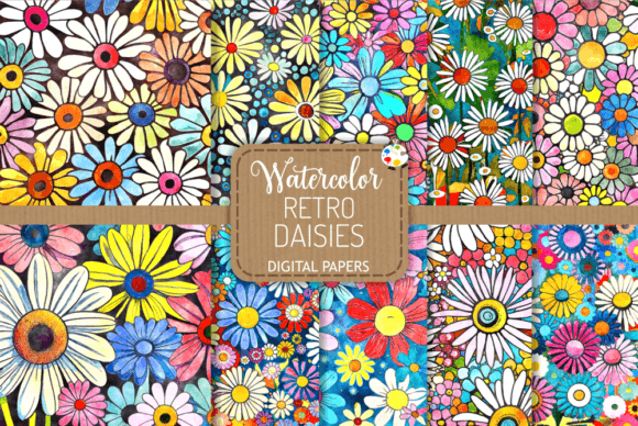 Download Retro Daisies Set 2 - Watercolor Papers - Retro Collection