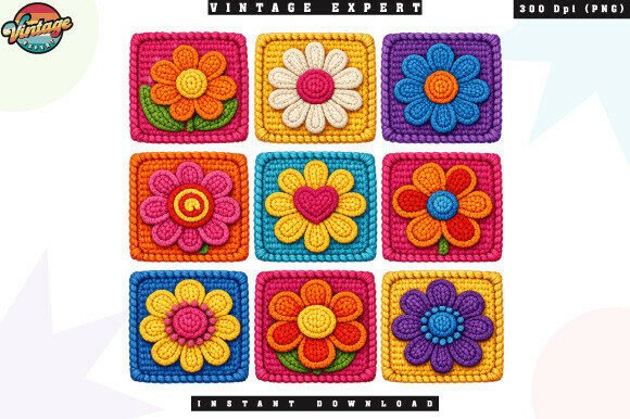 Download Retro Flowers Pattern Crochet Yarn PNG - Retro Collection