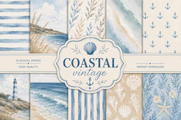 Download Coastal Vintage Digital Papers Bundle - Digital paper Collection